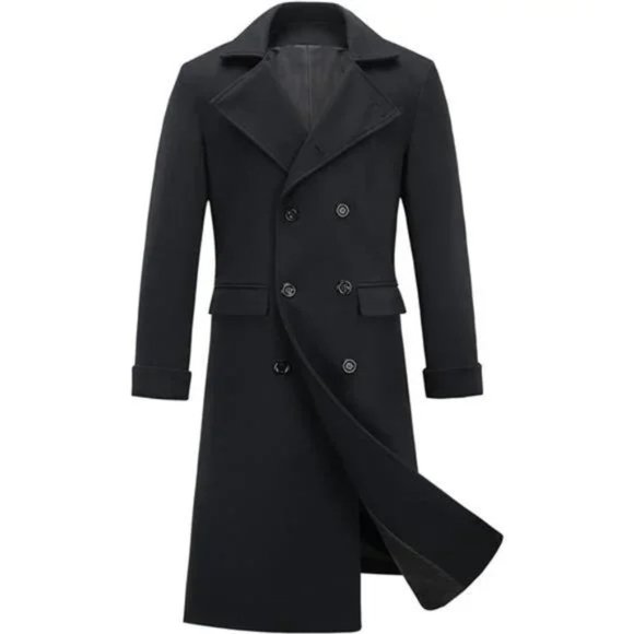 Men's Long Trench Coat Double Breasted Black